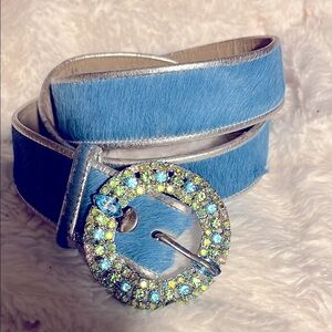 Wink Blue and Silver Women's Belt with blue Crystal Buckle Blue Cowhide
